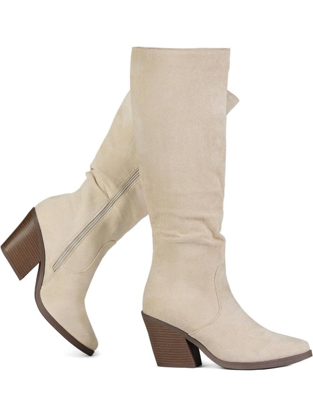 Women's Beige Knee High Boots Faux Suede Boots With Chunky Heel Pointed Toe